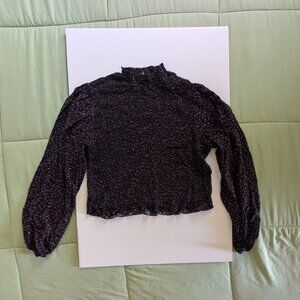 Purple Floral Mock Neck Blouse | Long Sleeve Smocked Top | Vintage-Inspired